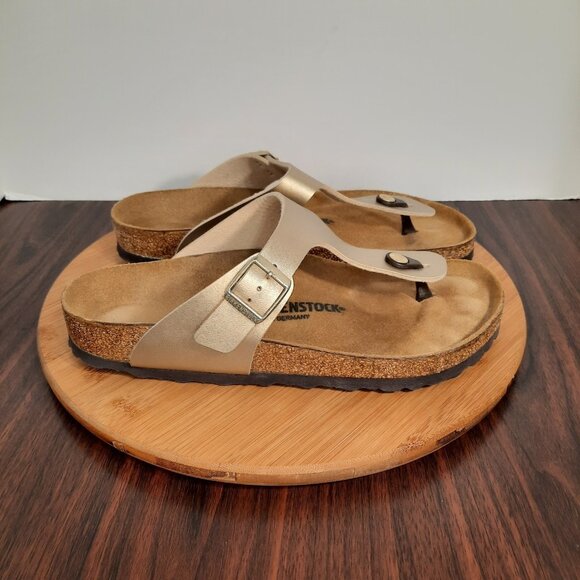Birkenstock Gizeh Womens Size 41 US 10 Sandles Gold Birko Flor Buckle Toe Post - Picture 1 of 10